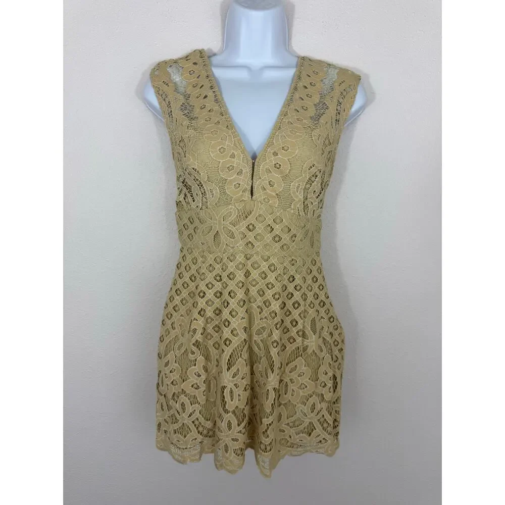 Free People Cream Lace Deep V Open Back Mini Dress Size 2 Boho Bridal